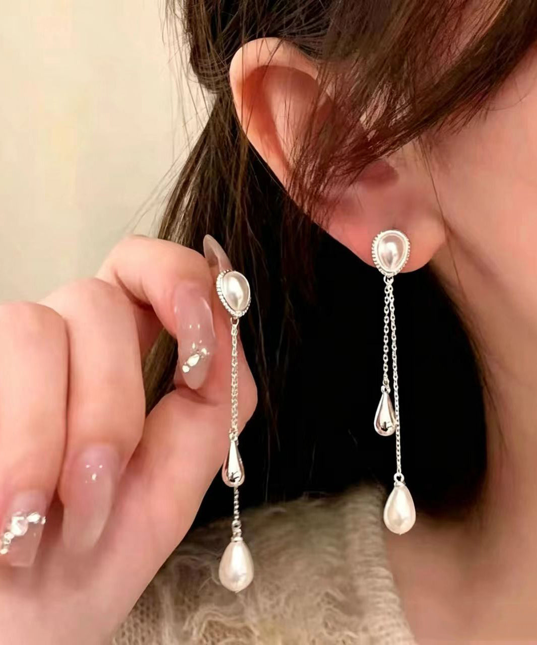 Chic Waterdrop Pearl Silver Plated Silver Needle Tassel Drop Earrings
