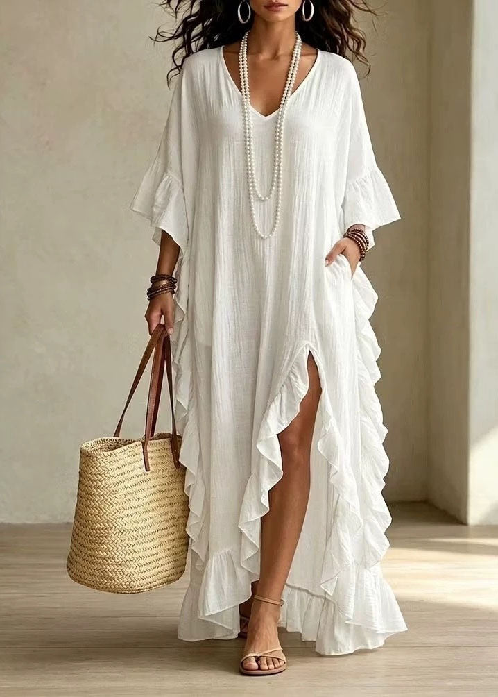 Chic White Asymmetrical Ruffled Side Open Patchwork Cotton Dress Summer