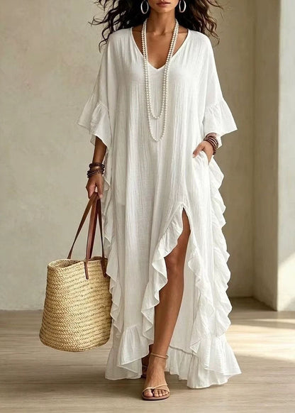 Chic White Asymmetrical Ruffled Side Open Patchwork Cotton Dress Summer