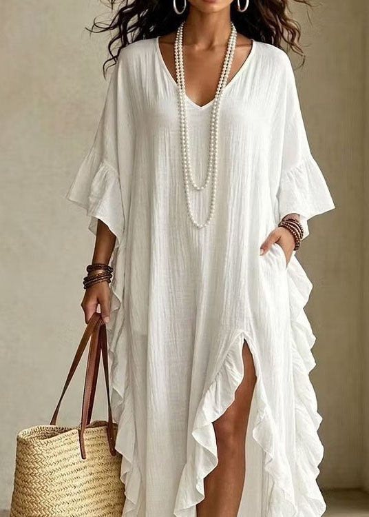 Chic White Asymmetrical Ruffled Side Open Patchwork Cotton Dress Summer