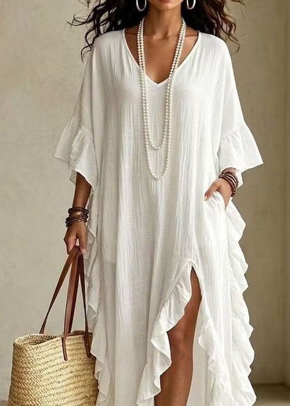 Chic White Asymmetrical Ruffled Side Open Patchwork Cotton Dress Summer