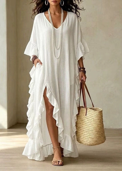 Chic White Asymmetrical Ruffled Side Open Patchwork Cotton Dress Summer
