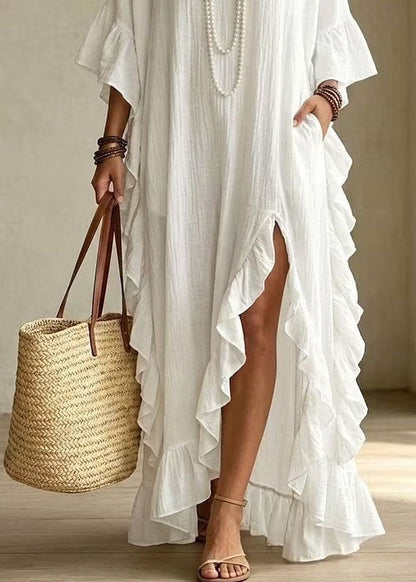 Chic White Asymmetrical Ruffled Side Open Patchwork Cotton Dress Summer