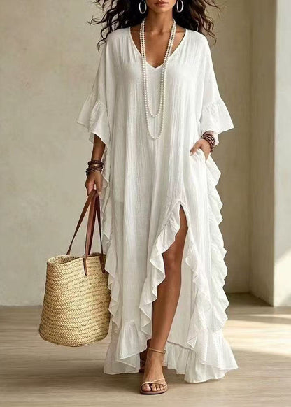 Chic White Asymmetrical Ruffled Side Open Patchwork Cotton Dress Summer