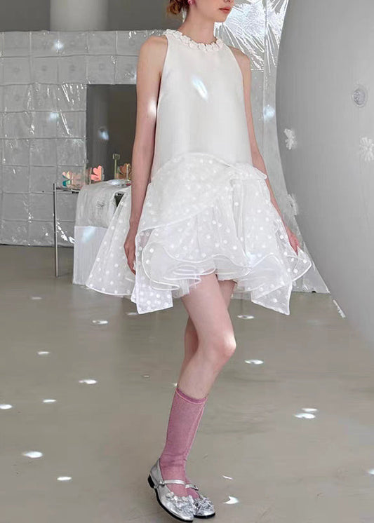 Chic White Backless Patchwork Chiffon Mid Dress Summer