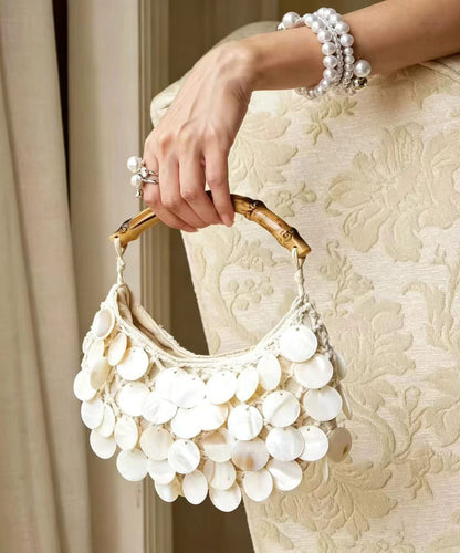 Chic White Bamboo Handle Shell Sequins Tote