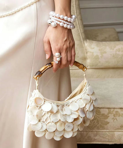 Chic White Bamboo Handle Shell Sequins Tote