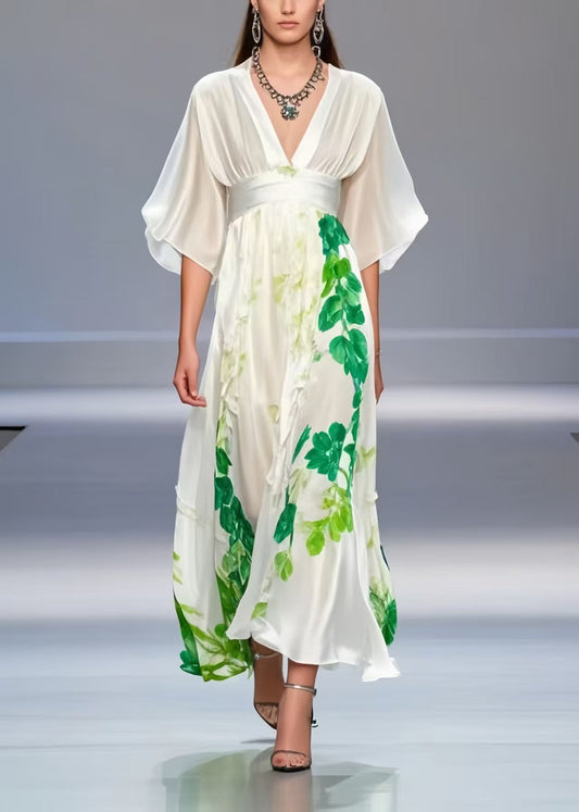 Chic White Cinched Print Silk Long Dress Summer