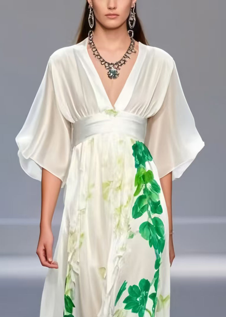 Chic White Cinched Print Silk Long Dress Summer