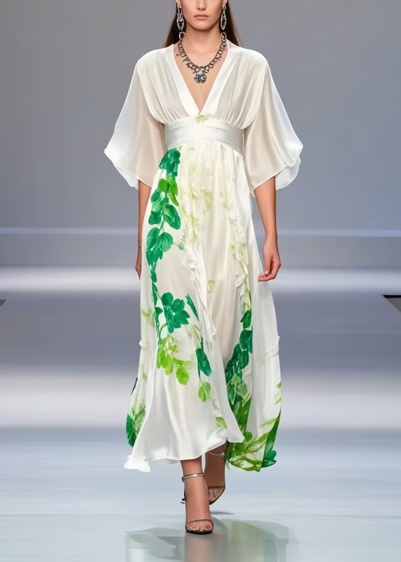 Chic White Cinched Print Silk Long Dress Summer