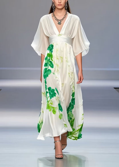 Chic White Cinched Print Silk Long Dress Summer