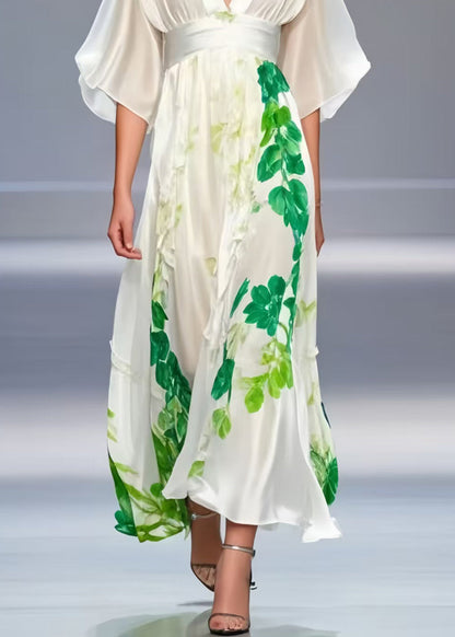 Chic White Cinched Print Silk Long Dress Summer
