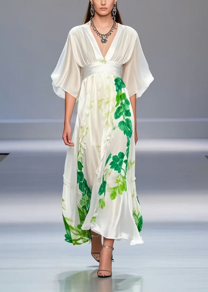 Chic White Cinched Print Silk Long Dress Summer