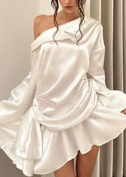 Chic White Cold Shoulder Wrinkled Silk Mid Dress Fall
