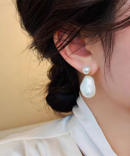 Chic White Copper Overgild Asymmetrical Pearl Drop Earrings