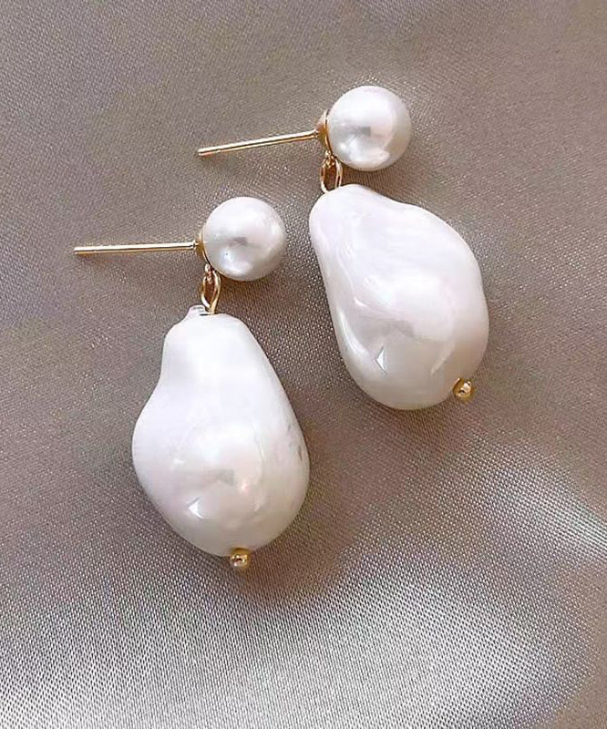 Chic White Copper Overgild Asymmetrical Pearl Drop Earrings