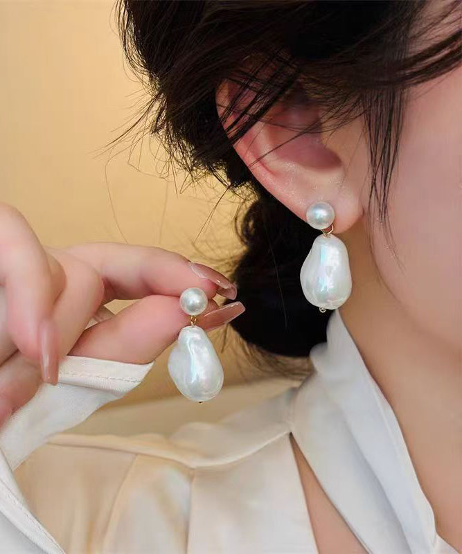 Chic White Copper Overgild Asymmetrical Pearl Drop Earrings