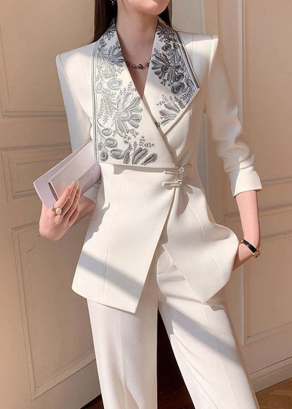 Chic White Embroidered Suit Coat And Pants Two Pieces Set Fall