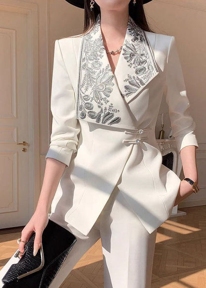 Chic White Embroidered Suit Coat And Pants Two Pieces Set Fall