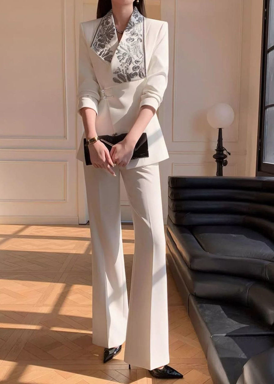 Chic White Embroidered Suit Coat And Pants Two Pieces Set Fall
