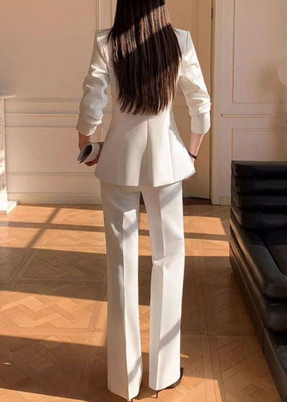 Chic White Embroidered Suit Coat And Pants Two Pieces Set Fall