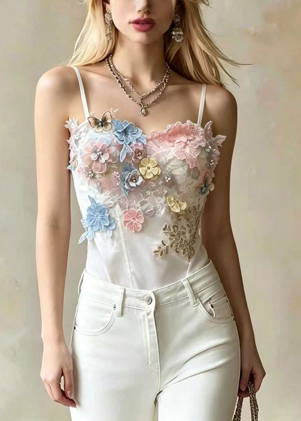 Chic White Embroideried Floral Butterfly Satin Tops Summer