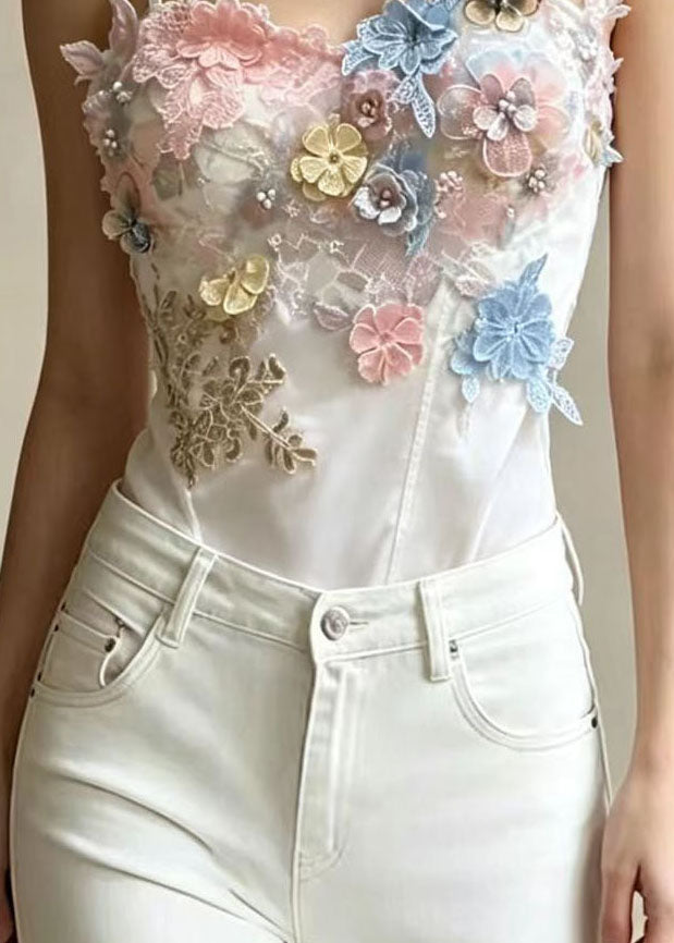 Chic White Embroideried Floral Butterfly Satin Tops Summer