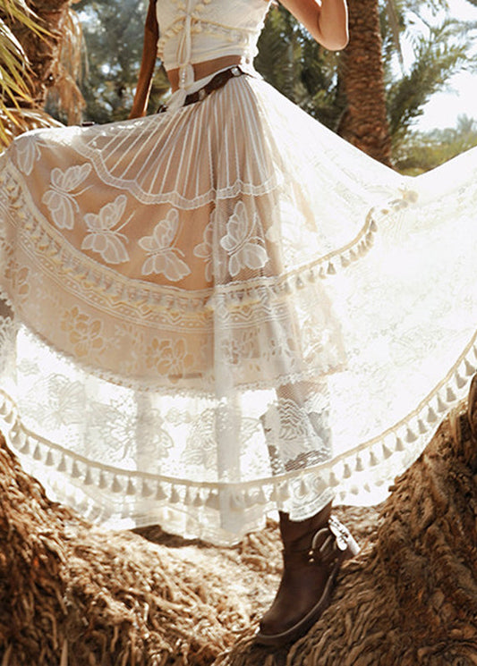 Chic White Floral Elastic Waist Sashes Tassel Maxi Skirts