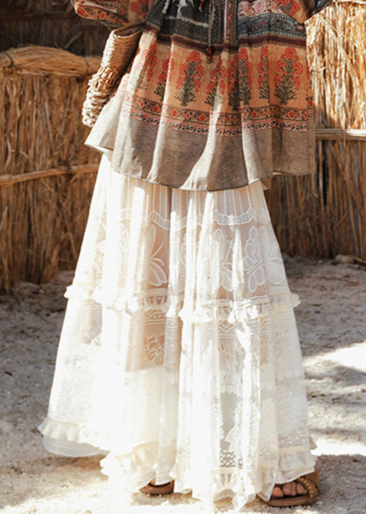 Chic White Floral Elastic Waist Sashes Tassel Maxi Skirts