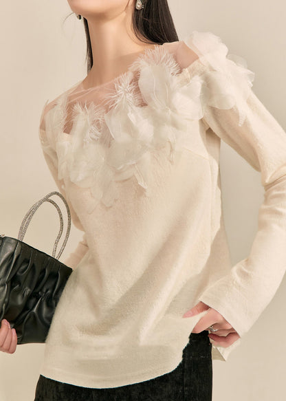 Chic White Floral Feather Knit Sweaters Spring