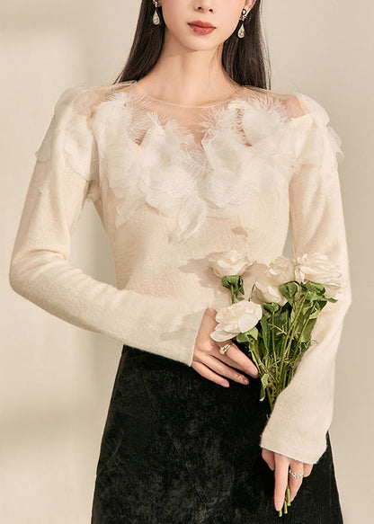 Chic White Floral Feather Knit Sweaters Spring