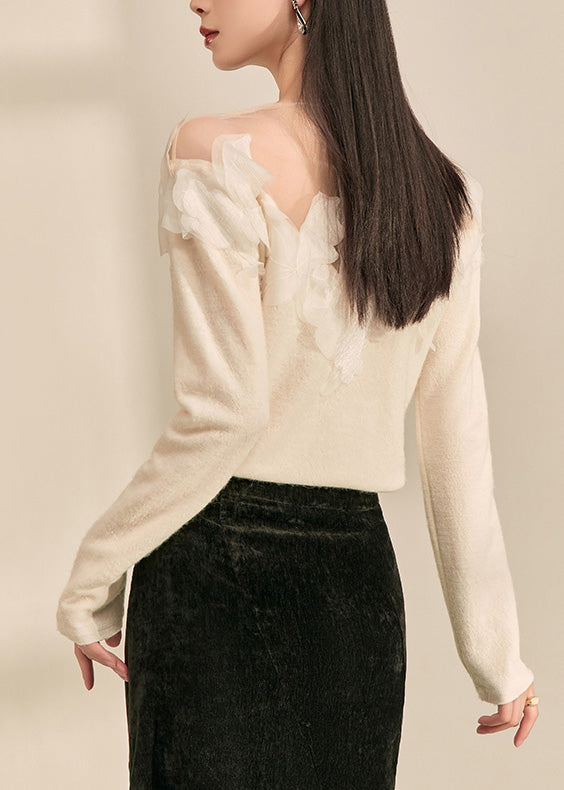 Chic White Floral Feather Knit Sweaters Spring