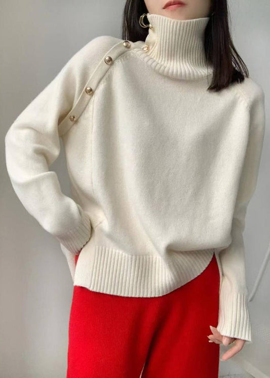 Chic White High Neck Side Open Knit Sweaters Winter