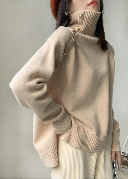 Chic White High Neck Side Open Knit Sweaters Winter