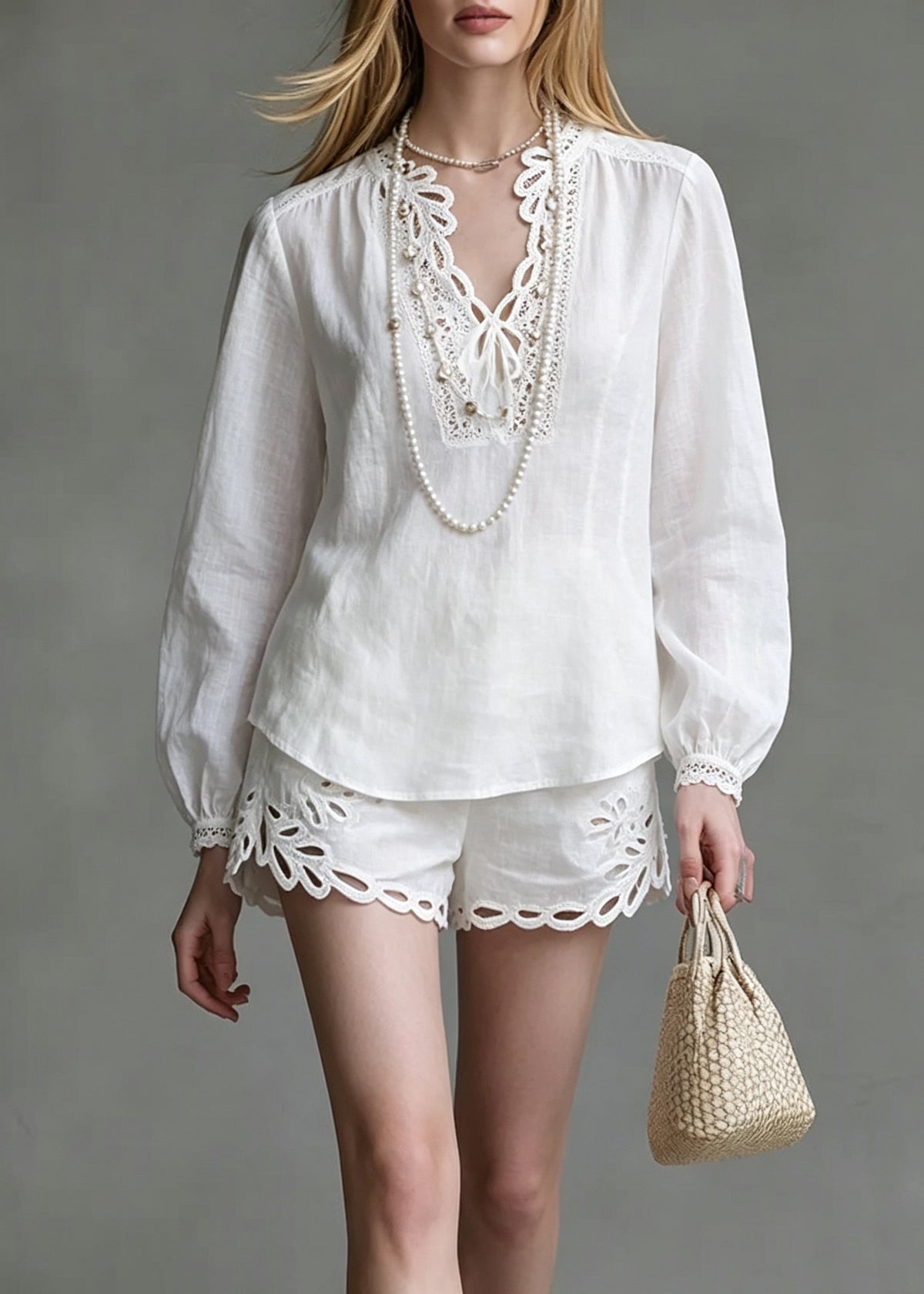 Chic White Hollow Out Top And Shorts Two Pieces Set Lantern Sleeve