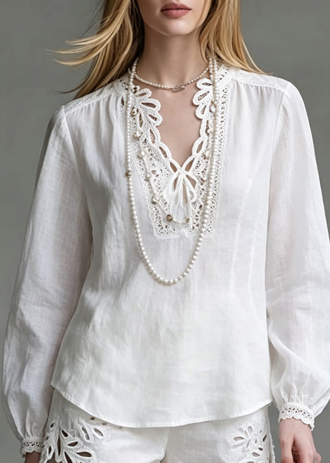 Chic White Hollow Out Top And Shorts Two Pieces Set Lantern Sleeve