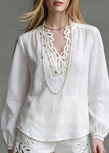 Chic White Hollow Out Top And Shorts Two Pieces Set Lantern Sleeve