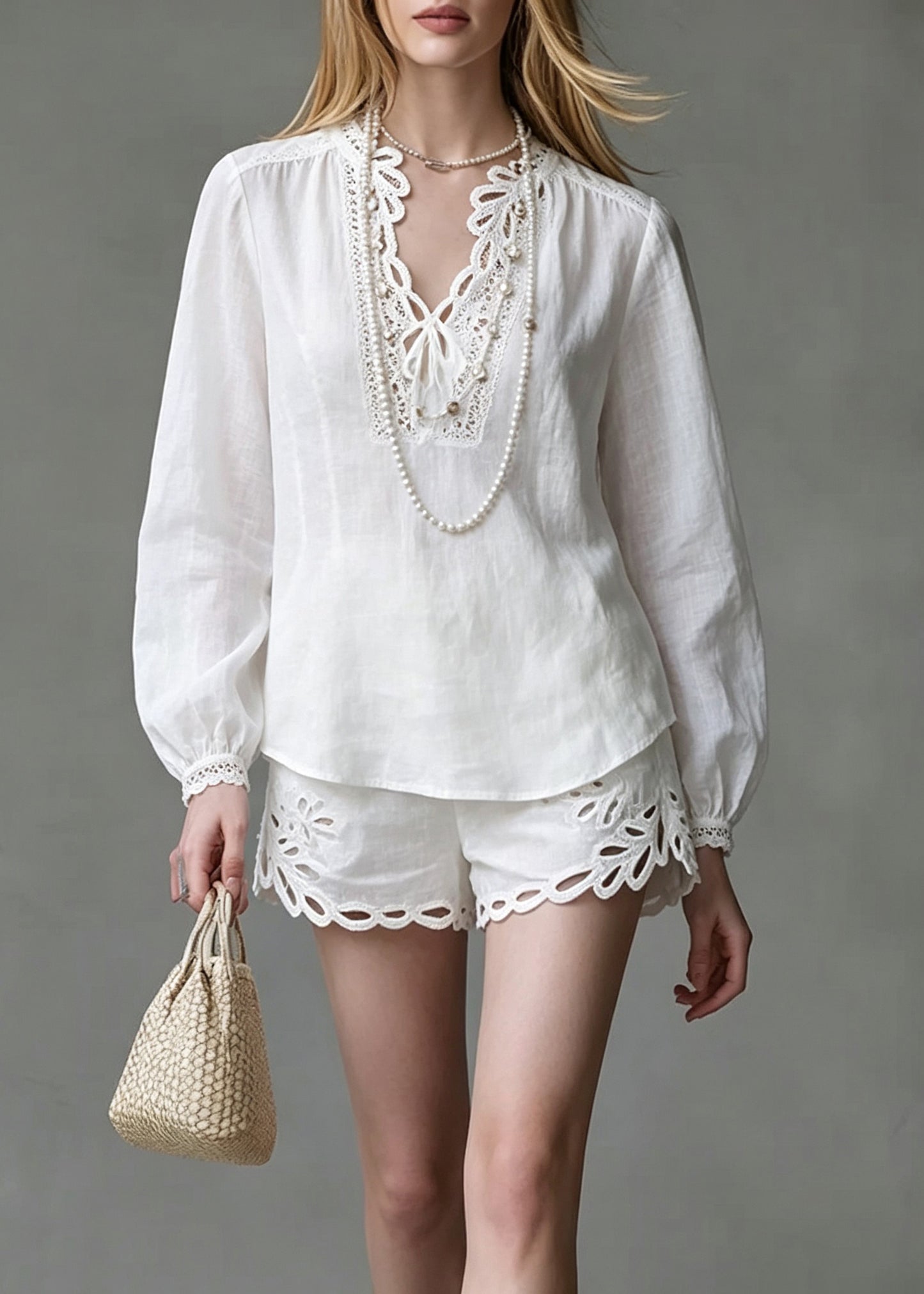 Chic White Hollow Out Top And Shorts Two Pieces Set Lantern Sleeve