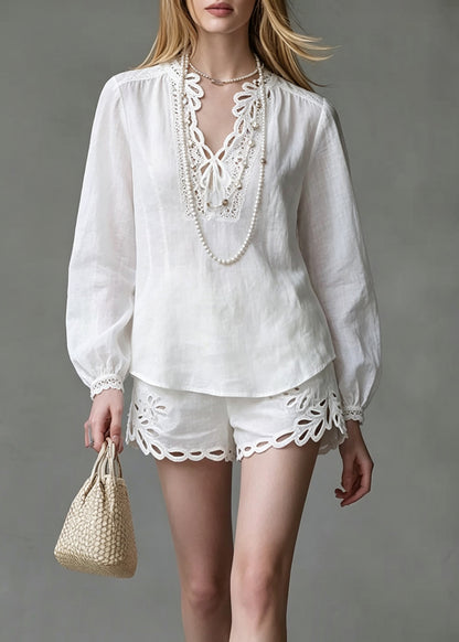 Chic White Hollow Out Top And Shorts Two Pieces Set Lantern Sleeve