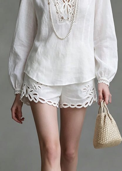 Chic White Hollow Out Top And Shorts Two Pieces Set Lantern Sleeve