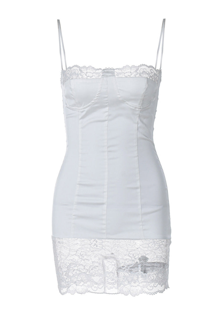 Chic White Lace Patchwork Silk Spaghetti Strap Dress Summer