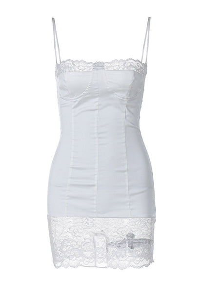 Chic White Lace Patchwork Silk Spaghetti Strap Dress Summer