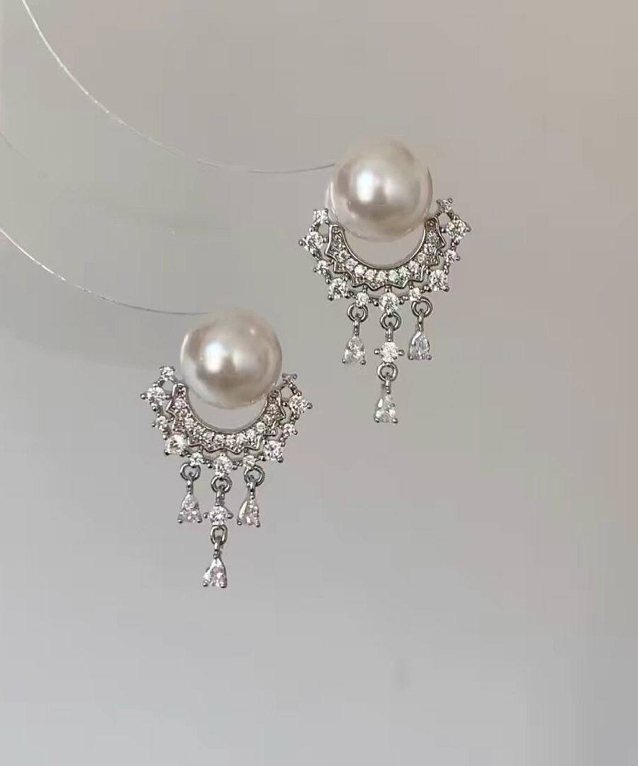 Chic White Metal Zircon Pearl Tassel Stud Earrings