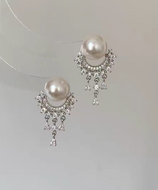 Chic White Metal Zircon Pearl Tassel Stud Earrings