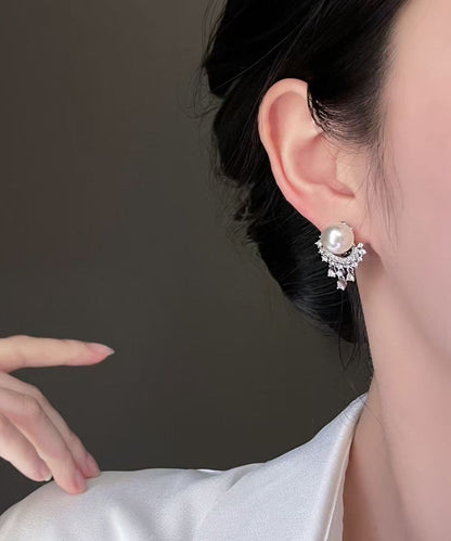 Chic White Metal Zircon Pearl Tassel Stud Earrings