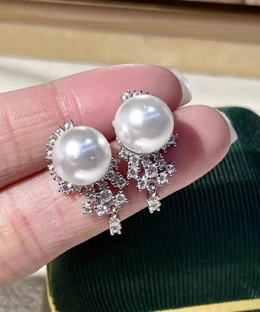 Chic White Metal Zircon Pearl Tassel Stud Earrings