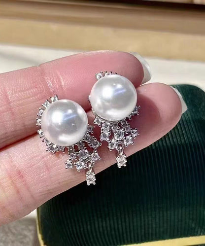 Chic White Metal Zircon Pearl Tassel Stud Earrings
