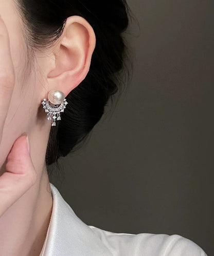 Chic White Metal Zircon Pearl Tassel Stud Earrings
