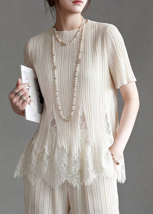 Chic White O-Neck Lace Patchwork T Shirt Summer