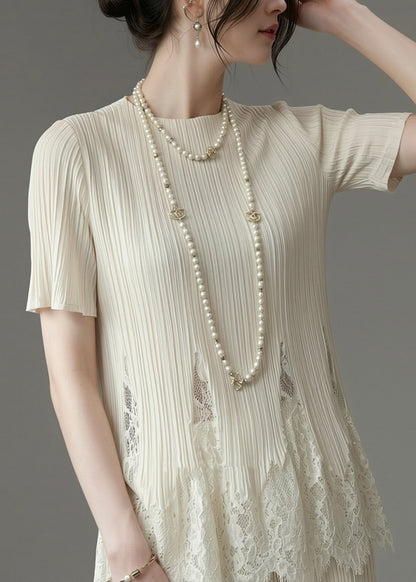 Chic White O-Neck Lace Patchwork T Shirt Summer